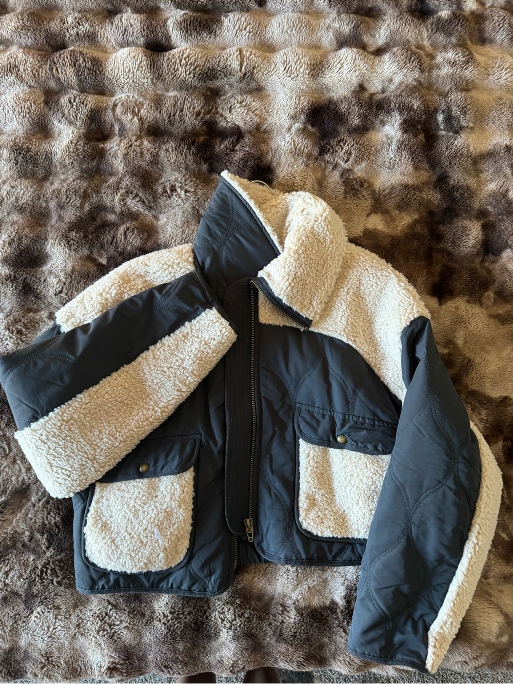 Nordstrom Sherpa-Trim Puffer Jacket in Charcoal and Cream